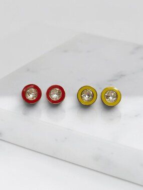 J.Crew Crystal Stud Earrings Red Yellow Enamel Gold-Tone Lot Of 2 Pairs Jewelry